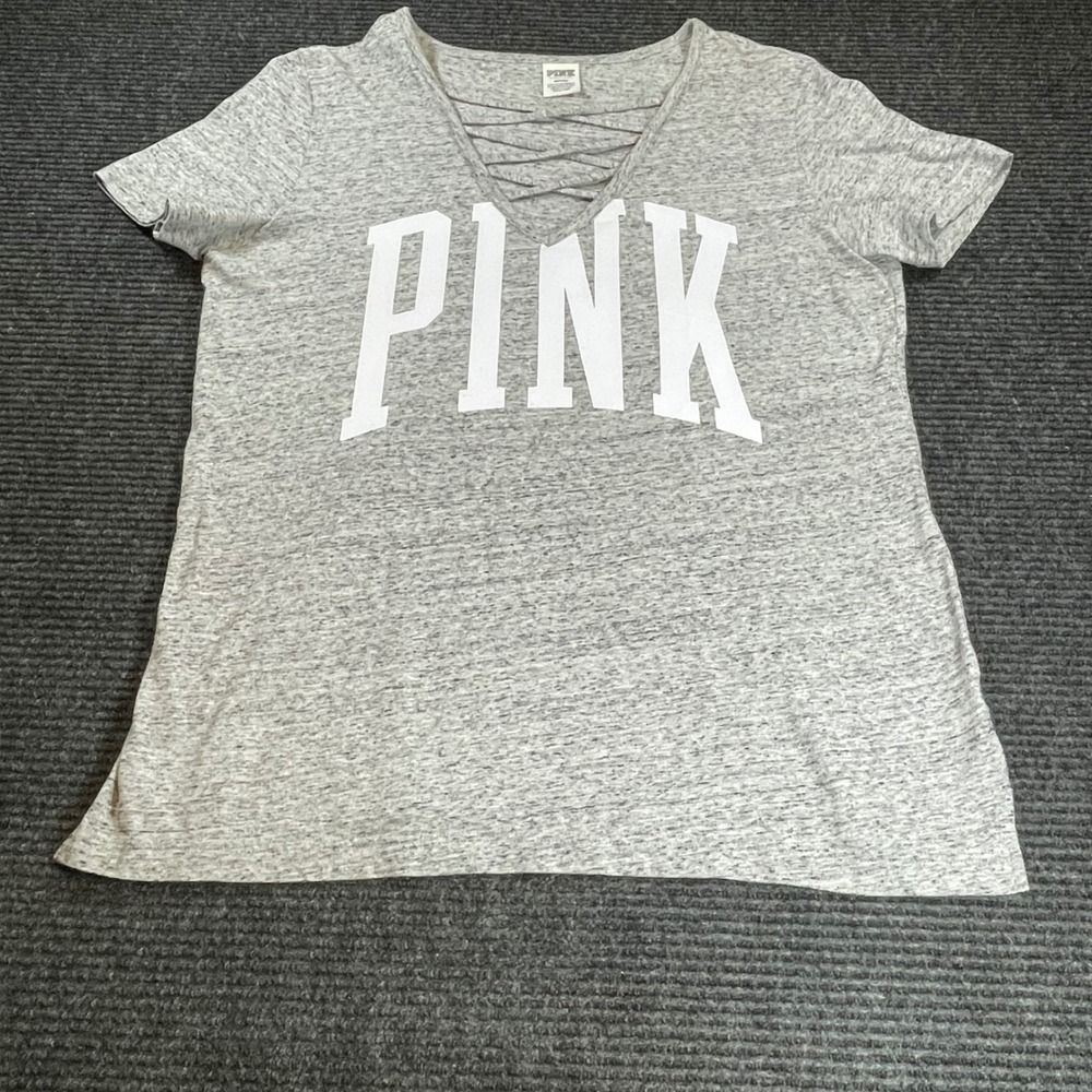 Victoria's Secret PINK Grey Heather Lace Up V-Neck Logo T-Shirt Medium